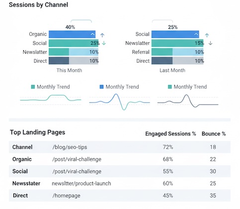 Acquisition dashboard showing sessions by channel, top landing pages, and engagement by source