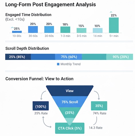 Engagement report with engaged time histogram, scroll depth distribution, and CTA funnel