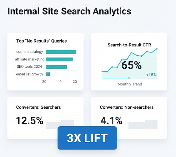 Internal search report listing top no-results queries, result CTR, and higher conversion for searchers