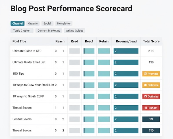 Blog post scorecard grading Reach, Read, React, Retain, and Revenue to prioritize actions