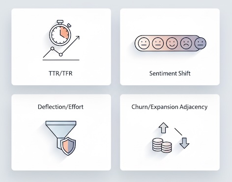 Four tiles showing resolution speed, sentiment shift, privacy-safe funnel, and business impact
