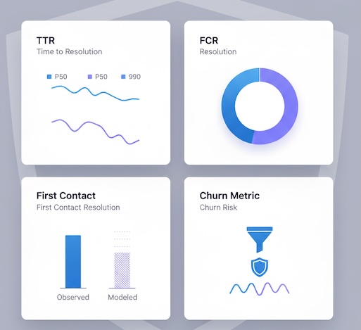 Executive KPI cards with observed vs modeled bars and a privacy shield watermark