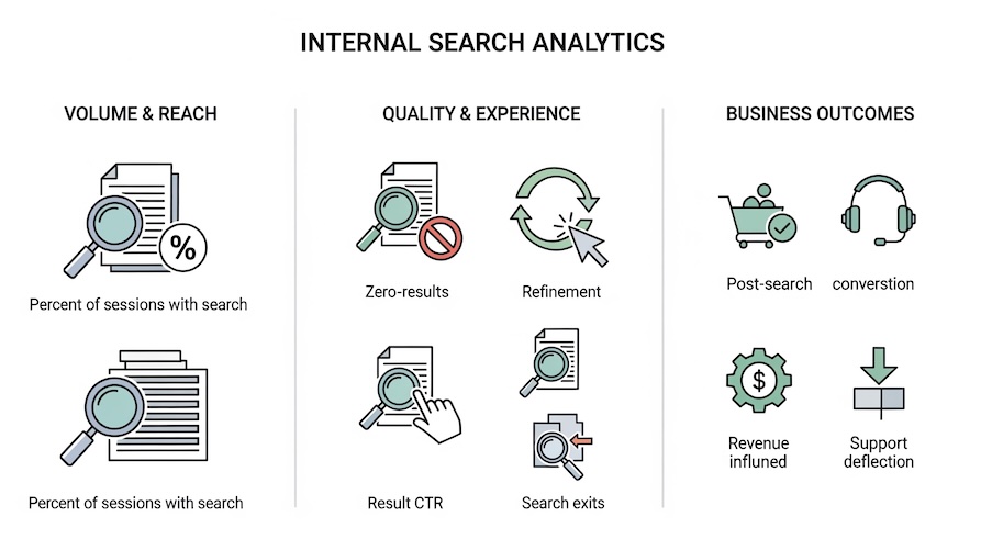 Three-column visualization of volume, quality, and business outcome metrics