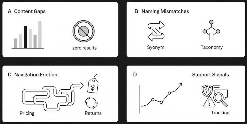 Four cards showing zero-results, synonyms, navigation friction, and support-related searches