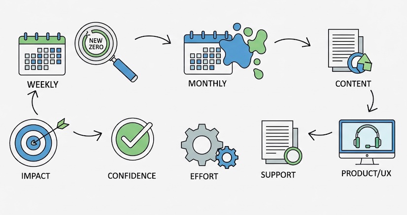 Four-step flow from weekly query signals to monthly themes, ICE scoring, and team actions