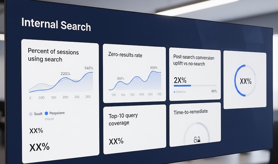 Executive KPI scorecard for internal search with five neutral tiles