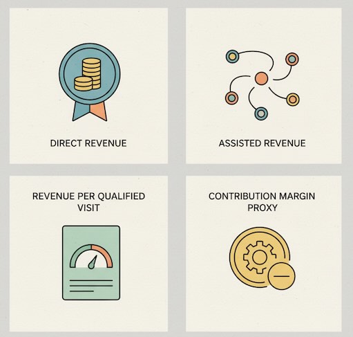 Icons for direct revenue, assisted revenue, value per qualified visit, and margin proxy