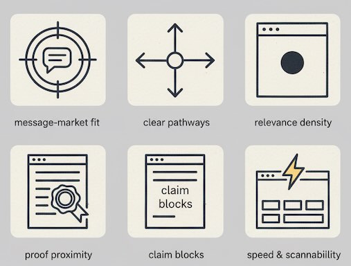 Icons for fit, clear next steps, focused relevance, nearby proof, and fast layout