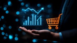E-commerce growth chart and shopping cart analytics