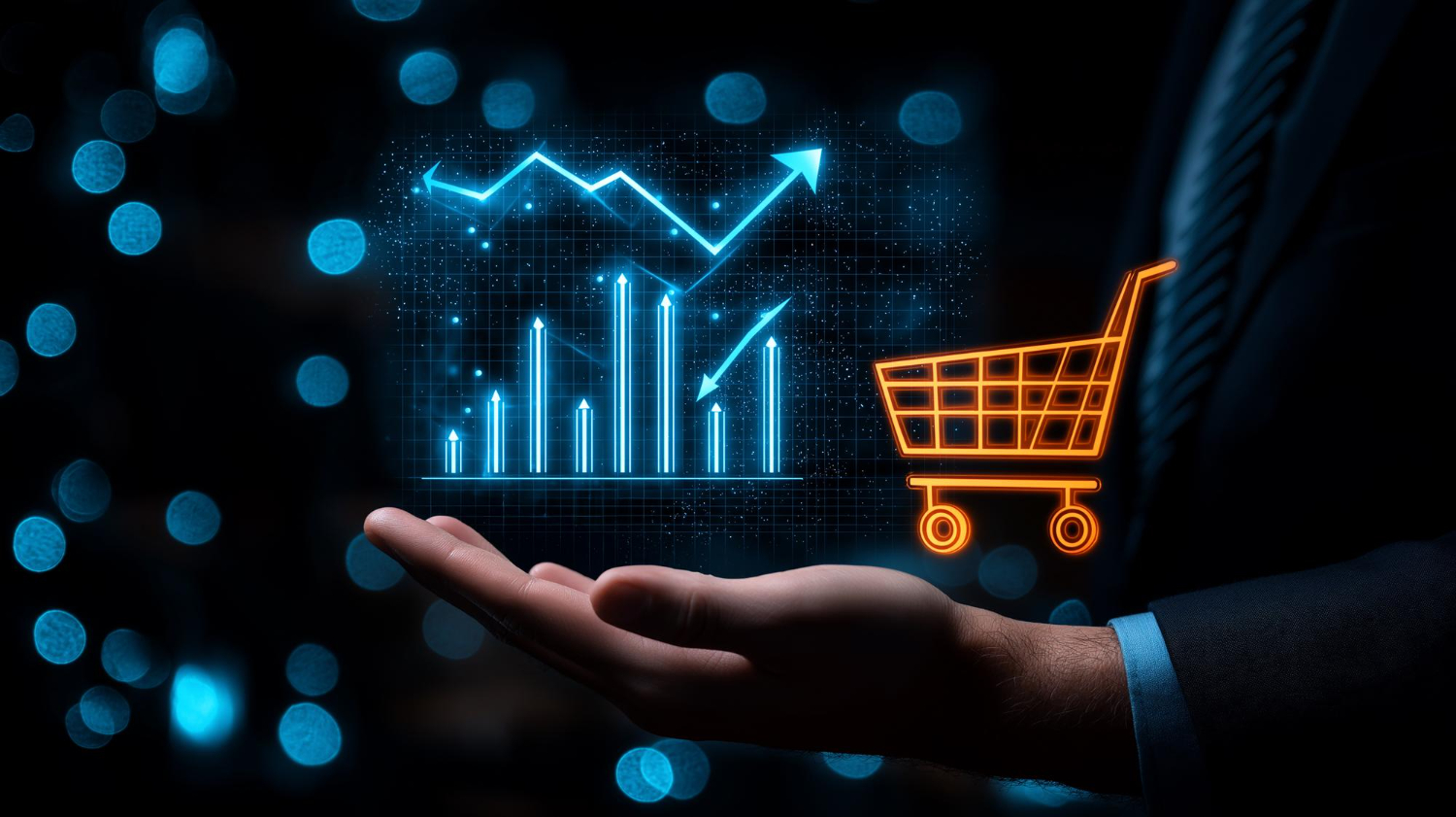 E-commerce growth chart and shopping cart analytics