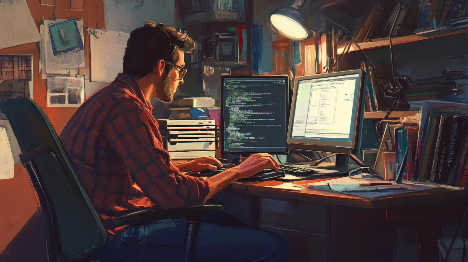 Developer building custom analytics dashboard on dual monitors