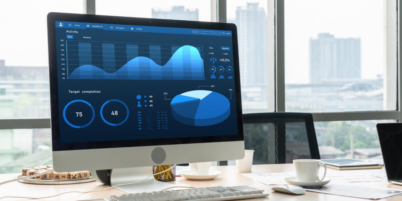 Business analytics dashboard in a modern office environment