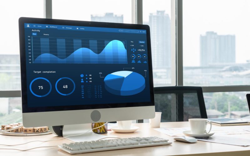 Business analytics dashboard in a modern office environment