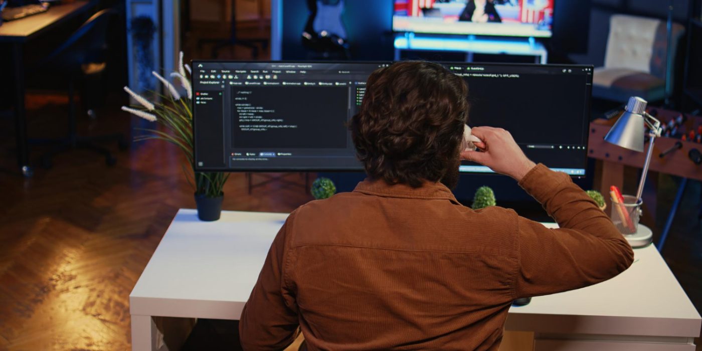 Developer deploying Plausible Community Edition on dual monitors