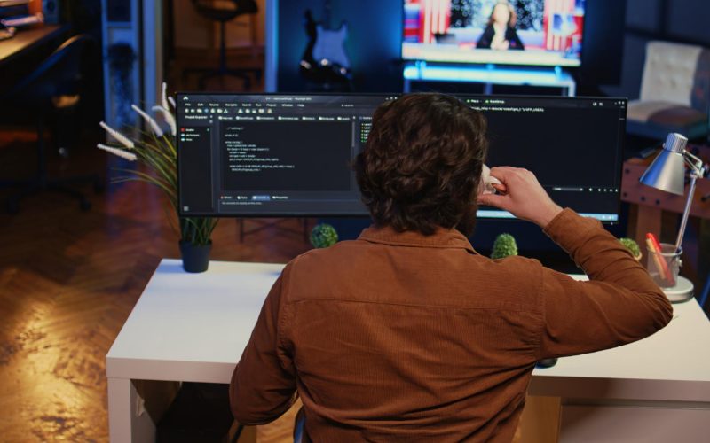 Developer deploying Plausible Community Edition on dual monitors