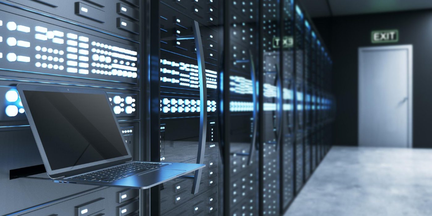 Server room with laptop for self-hosted analytics deployment