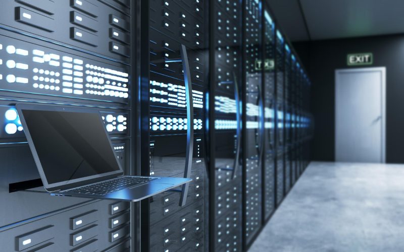 Server room with laptop for self-hosted analytics deployment